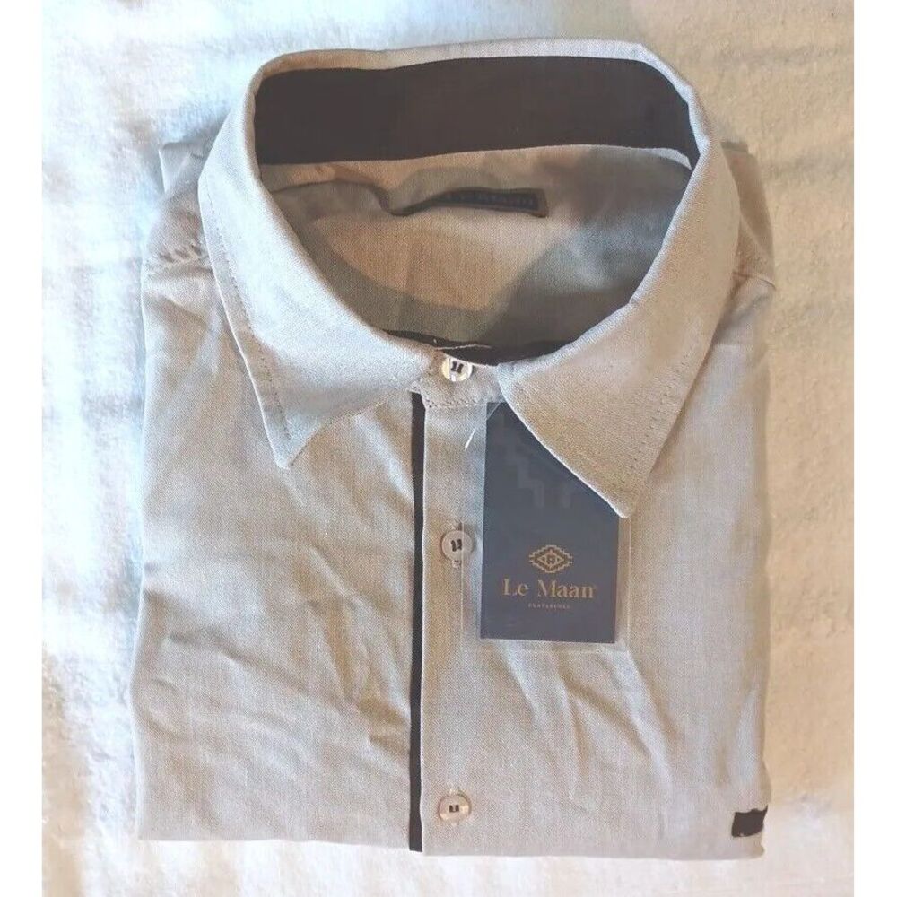 Le‎ Maan Mens Embroidered Guayabera Short Sleeve Button Up Shirt Tan Beige XL